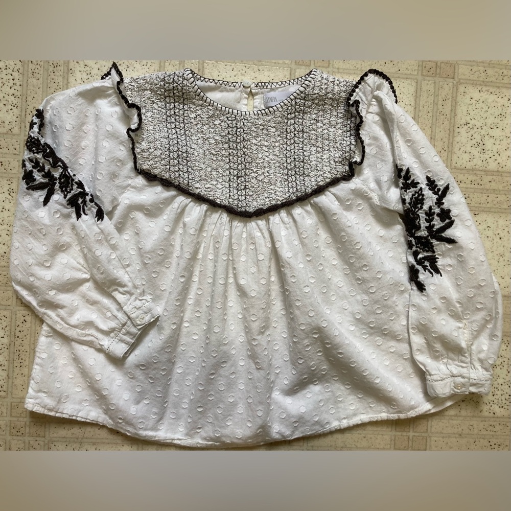 Zara Kids White Boho Blouse Floral Embroidery Long Sleeve 8